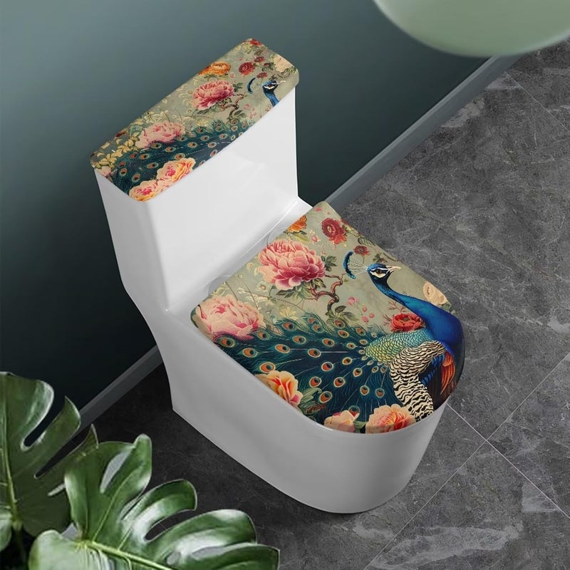 Flashideas Peacock Toilet Lid Cover and Toilet Tank Cover Soft Plush Seat Covers Tank Lip Covers Easy to Clean Bathroom Decoration Accessories Fits Most Toilet Tanks & Lids - Image 1